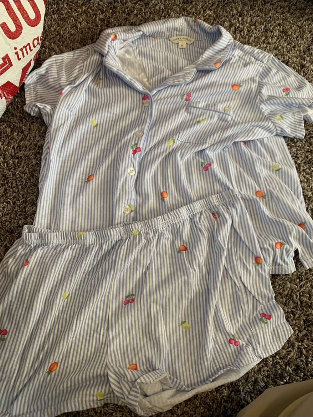 Laura Ashley Light Blue & White Striped Cherry-Embroidered Short Pajama Set